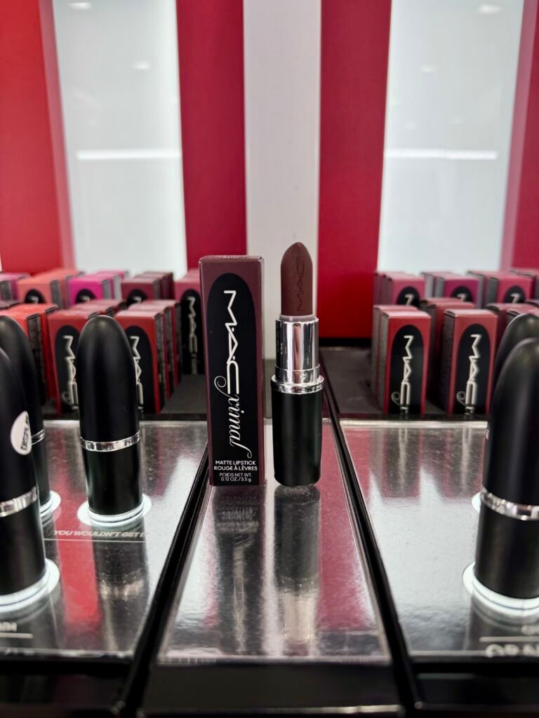 A display of a rich brown lipstick by MAC Cosmetics.