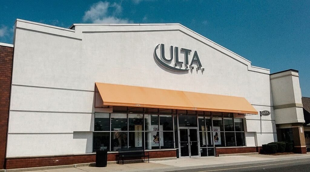 Storefront of Ulta Beauty on a clear, sunny day.